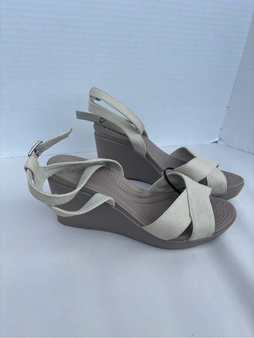 Crocs Leigh Beige Canvas Ankle Strap Wedge Sandals
